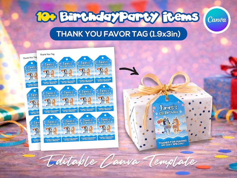May include: A gift box with a blue tag that reads "James's 6th Birthday" and "Thanks for making my day special!" is shown. The image also displays a stack of matching favor tags and the text "10+ Birthday Party items" and "Thank You Favor Tag (1.9x3in)".