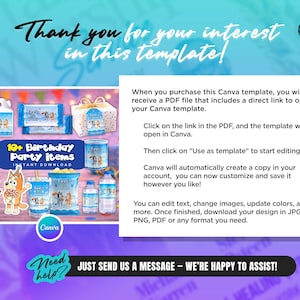 May include: A digital template for birthday party items, featuring a blue and white theme with cartoon characters. The image includes various party supplies like boxes, candy wrappers, and water bottles. Text on the image says "10+ Birthday Party Items" and "Just send us a message - We're happy to assist!"