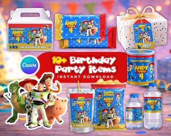 Cowboy Space Adventure Toy Party Favor Bundle, Editable Kids Cartoon Toy Theme Decorations, Chip Bag Water Label Canva Template