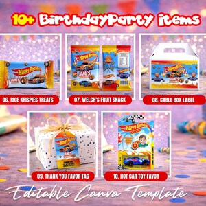 Race car themed birthday party favor bundle with printable labels and wrappers for kids’ snacks, toy car favors and party decorations. Designed for car-themed birthdays and racing-style celebrations.