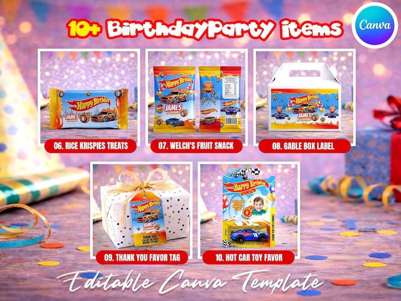Race car themed birthday party favor bundle with printable labels and wrappers for kids’ snacks, toy car favors and party decorations. Designed for car-themed birthdays and racing-style celebrations.