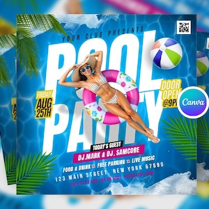 Redigerbar Canva-mall för sommarpoolparty, Canva-flyer för strandparty, inbjudan till sommarparty, poolparty för födelsedag, poolparty för skola