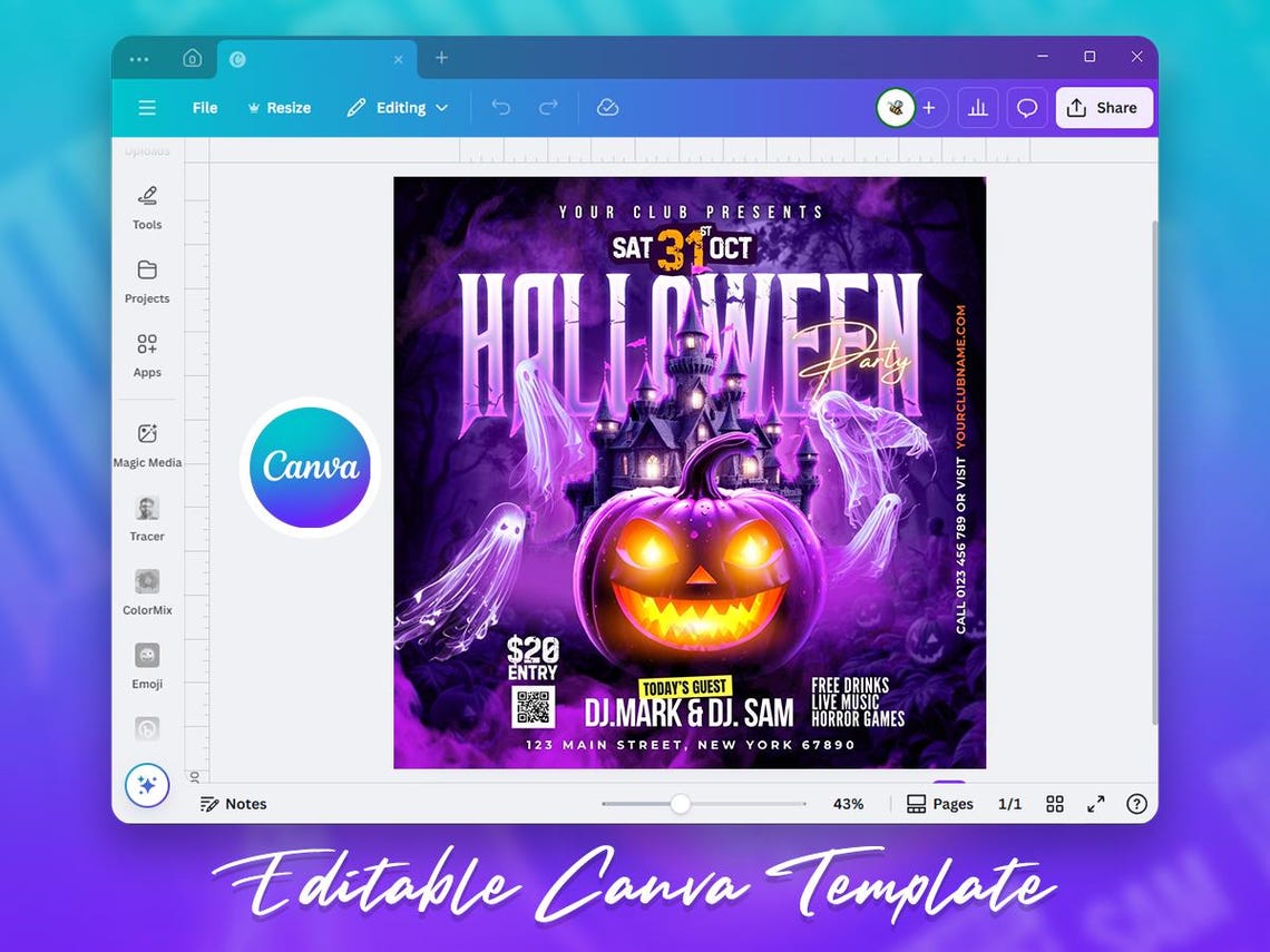 Editable Halloween Night Party Flyer Canva, Spooky Club Event Canva ...