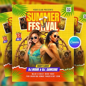 Editable Summer Music Festival Flyer Canva Template, Music Event Flyer, Summer Festival Party Flyer, Beach DJ Party Canva, Beach Party Flyer