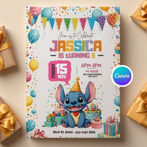 Editable Stitch Birthday Invitation Canva Template, Cartoon Birthday Invite, Digital Kids Party Card, Lilo Stitch Canva Design, Stitch Bday
