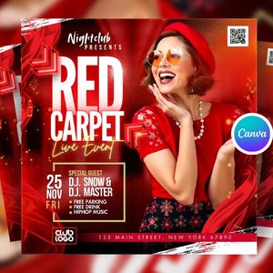 Puede incluir: Folleto rojo para un evento de 'Alfombra Roja'. Presenta a una mujer vestida de rojo con gafas de sol. El folleto incluye detalles del evento, fecha, invitados especiales y lugar. El fondo es rojo con elementos decorativos.