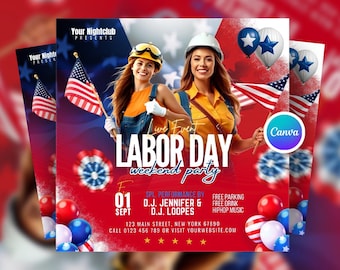 Editable Labor Day Weekend Party Flyer Canva Template, DIY Labor Day Celebration Flyer, Digital Labor Day Event Flyer, Club & DJ Party Flyer