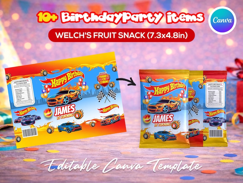 Race car themed birthday party favor bundle with printable labels and wrappers for kids’ snacks, toy car favors and party decorations. Designed for car-themed birthdays and racing-style celebrations.