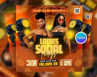 Bearbeitbarer Ladies Night Club Flyer: Pinke Party, DJ Event (Canva Template, 4.2x4.2 in)