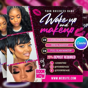 Puede incluir: Un folleto promocional rosa y negro para una maquilladora, con imágenes de mujeres maquilladas. El texto del folleto incluye "Wake up and makeup" en una fuente estilizada. Los servicios ofrecidos incluyen "Full Face Beat" y "Bridal Makeup".