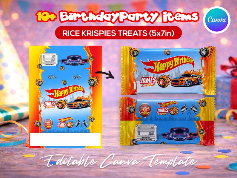 Race car themed birthday party favor bundle with printable labels and wrappers for kids’ snacks, toy car favors and party decorations. Designed for car-themed birthdays and racing-style celebrations.
