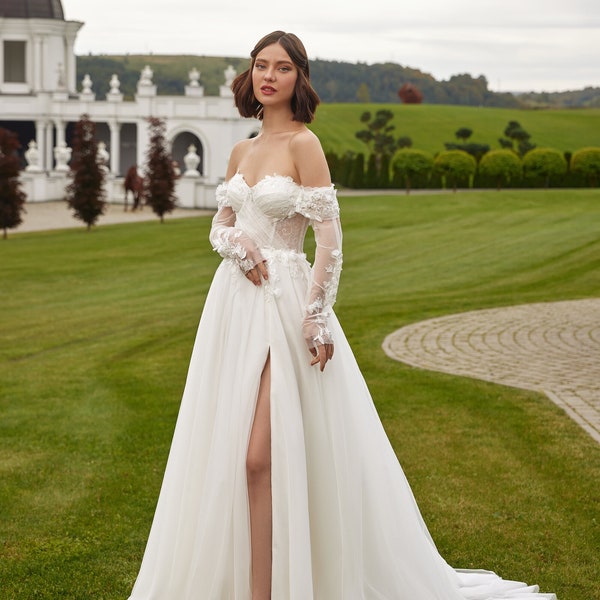 A-Line Floral Lace Wedding Dress Sweetheart Neckline Floor Lenght Corset Back Mid Back “Bozena”