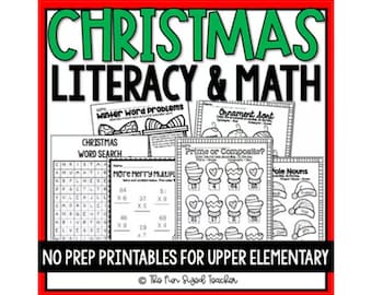 May include: Black and white printable worksheets for upper elementary students featuring Christmas-themed literacy and math activities. The worksheets include a word search, multiplication problems, a prime or composite activity, a noun sort, and a winter word problem.