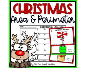 Può includere: Un foglio di lavoro a tema natalizio intitolato "CHRISTMAS Area & Perimeter". L'immagine presenta illustrazioni di renne e problemi di matematica. Vengono mostrati esempi di problemi con misure in centimetri e pollici quadrati.