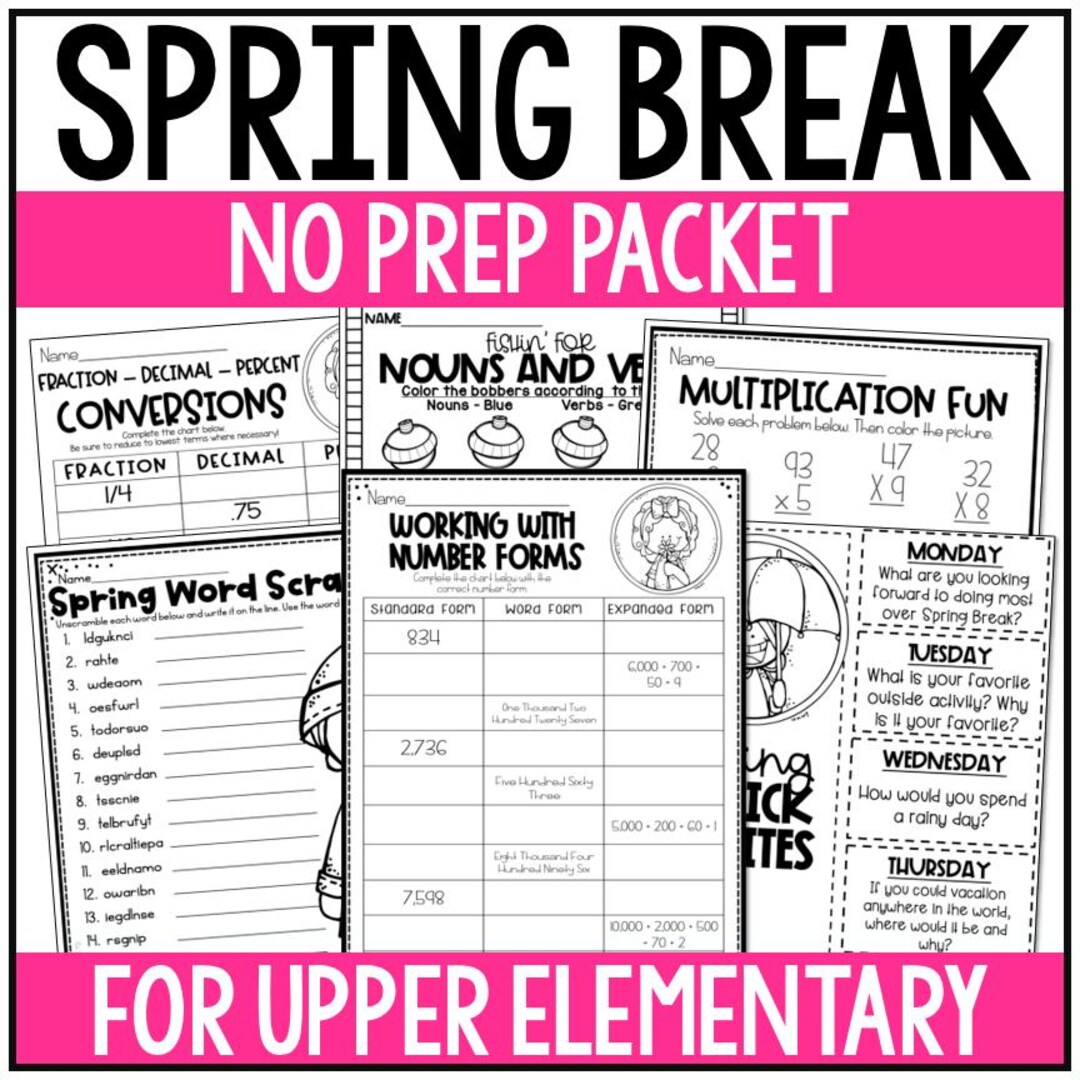 Spring Break Literacy & Math Packet for Upper Elementary - Etsy