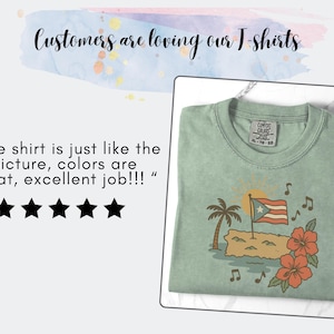 Op de afbeelding: Saliegroen t-shirt met een afbeelding van een Puerto Ricaanse vlag, palmbomen en bloemen. De tekst "Customers are loving our T-shirts" staat erboven. Een klantbeoordeling is ook opgenomen.