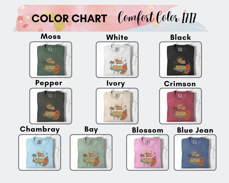 Op de afbeelding: Kleurenkaart van Comfort Color 1717 t-shirts in kleuren als Moss, White, Black, Pepper, Ivory, Crimson, Chambray, Bay, Blossom en Blue Jean. Elk shirt heeft een tropisch ontwerp met een palmboom, vlag en bloemen.