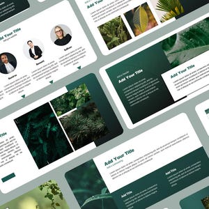 Puede incluir: Un conjunto de plantillas de presentación digital con una combinación de colores verde oscuro y blanco. Las plantillas presentan imágenes de varias plantas y hojas, con cuadros de texto para títulos y contenido. La palabra "CONTENTS" es visible.