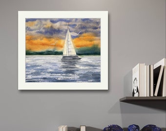Aquarell Bild Gemälde /Malerei , Geschenk zum Geburtstag , Meer und Sonnenuntergang