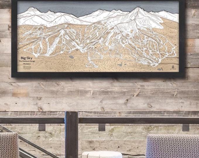 Big Sky, MT Ski Trail Map Art | Wooden Ski Wall Art, Panoramic Layered Ski Resort Map, Wood Map, Ski Décor, 23" x 48"