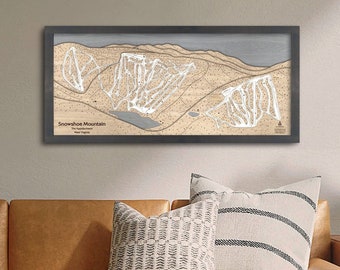 3D Snowshoe, WV Ski Trail Map Art | Wooden Ski Slope Art, Panoramic Layered Ski Resort Map, 3D Wood Map, Ski Décor, 23" x 48"