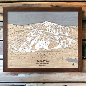 China Peak, Californie - Carte des pistes de ski | Art en bois sur les pistes de ski, superpositions d'art de la montagne, carte en bois gravée, décoration de ski, cadeaux de ski