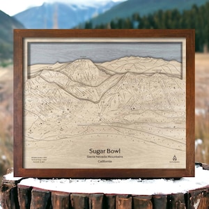 Carte des pistes de ski de Sugar Bowl Resort, CA | Illustrations de pistes de ski, Illustrations de cartes en bois, Cartes en bois gravées, Décoration de ski, Cadeaux ski, Snowboarders
