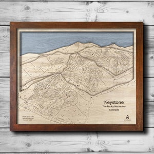 Carte des pistes de ski de Keystone Mountain, CO | Carte des pistes de ski en bois, superpositions d'oeuvres d'art montagnardes, décoration de ski, cadeaux ski, snowboard