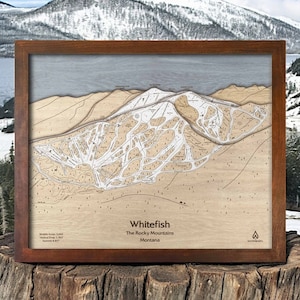Whitefish Mountain, MT Ski Trail Map Art | Wooden Ski Slope Art, Layered Mountain Art, Engraved Wood Map, Ski Decor, Skiing Gifts
