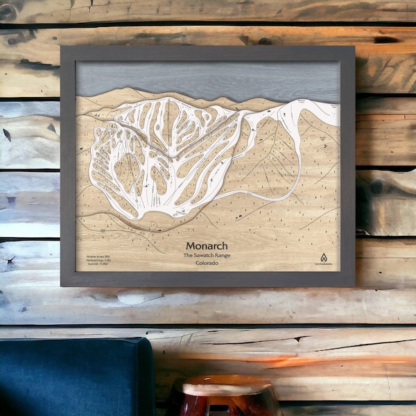 Monarch Mountain, CO Ski Resort Trail Map Art | Custom Wood Mountain Art, Layered Mountain Art, Engraved Map, Ski Decor
