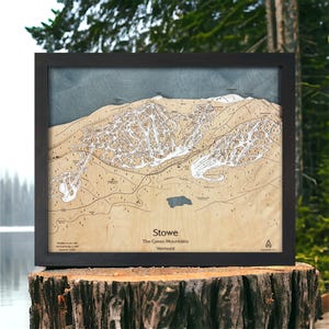 Stowe, Vermont Ski Resort Map | Wooden Ski Trail Map | Custom Mountain Art, Ski Cabin Decor, Torched Peaks