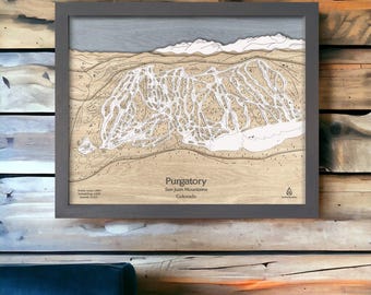 Purgatory Ski Resort, CO Ski Trail Map Art | Custom Wood Ski Wall Art, Ski Decor, Ski Slope Mountain Art, Engraved Map