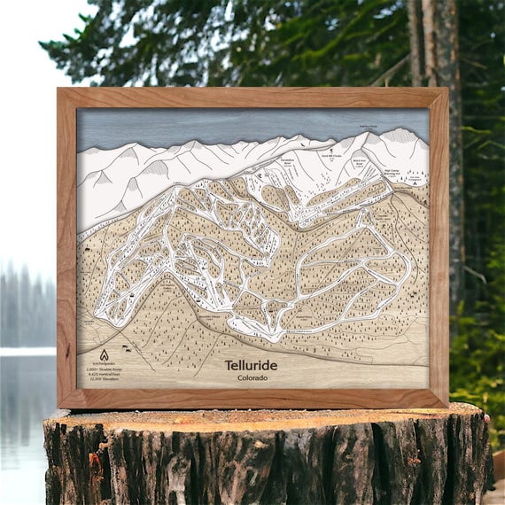 Telluride, CO Ski Trail Map | Wooden Ski Poster Art, Layered Mountain Art, Engraved Wood Map, Ski Décor, Skiing Gifts, Snowboarding