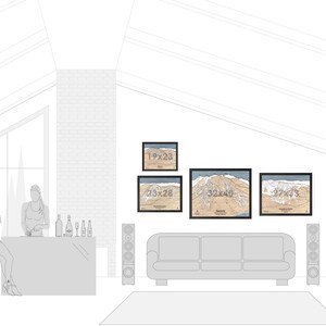The image is a minimalist line drawing of a living room with a couch, a bar, and a person standing at the bar. There are four framed pictures on the wall, depicting a mountain range.