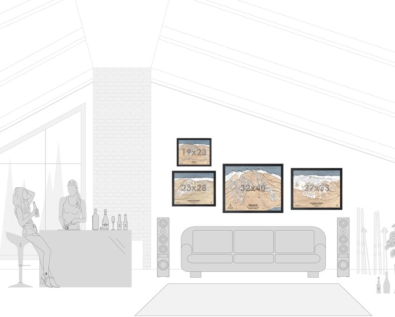The image is a minimalist line drawing of a living room with a couch, a bar, and a person standing at the bar. There are four framed pictures on the wall, depicting a mountain range.