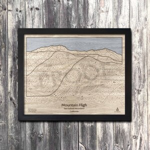 Mountain High, Californie - Carte des pistes de ski | Art montagne piste de ski, art mural en bois, carte gravée, décoration ski, cadeaux ski, snowboard