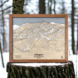 Carte des pistes de la station de ski de Killington, Vermont Illustrations | Cartes de ski en bois authentiques de Torched Peaks, art de la montagne, décoration de cabine de ski