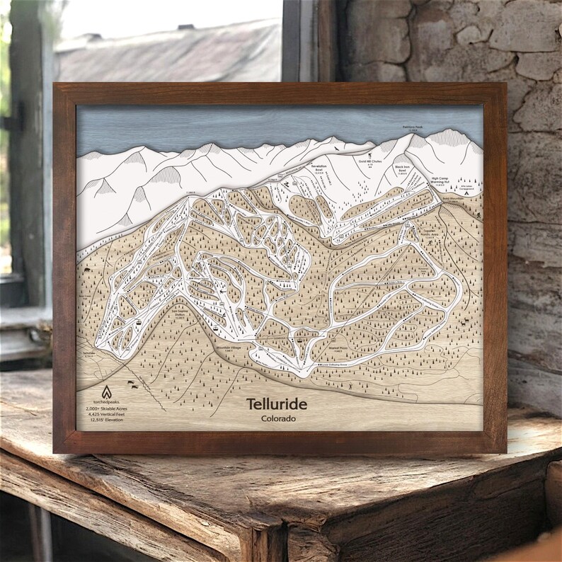 Telluride, CO Ski Trail Map | Wooden Ski Poster Art, Layered Mountain ...