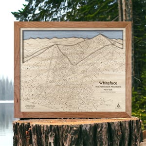 Mapa de pistas de esquí de Whiteface, Nueva York / Arte de madera para estaciones de esquí, decoración de esquí, arte mural de montaña, regalos de esquí, picos quemados