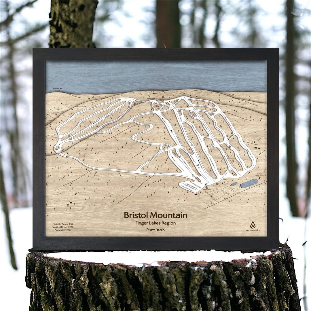 Bristol Mountain, New York Ski Trail Map | Wooden Ski Map, Ski Slope ...