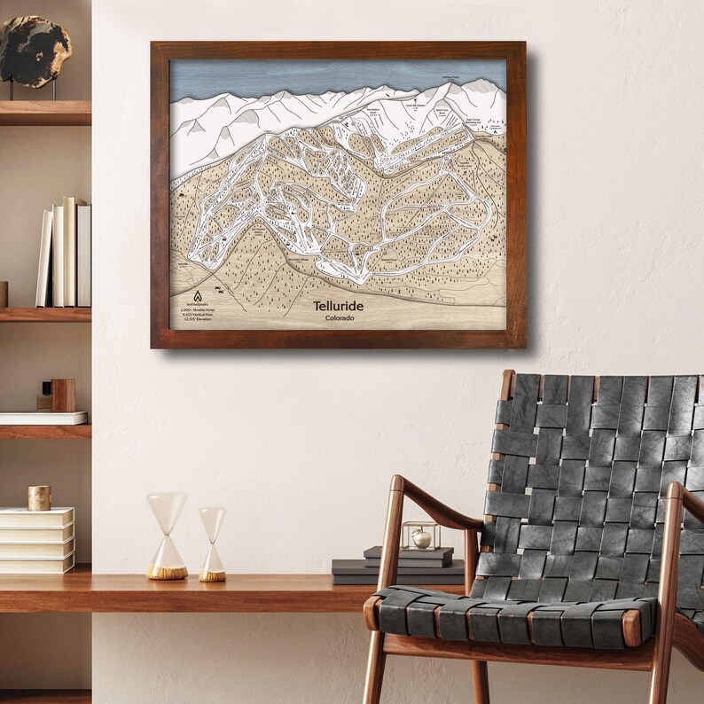 Telluride, CO Ski Trail Map | Wooden Ski Poster Art, Layered Mountain ...
