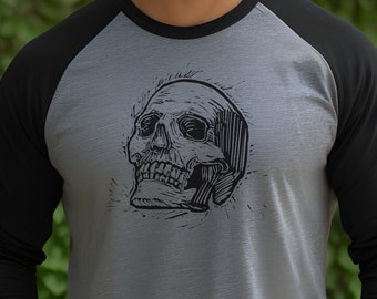 Skull blockprint style Raglan, block print skull, skull gifts for him, skull gifts for her, halloween skull raglan, halloween block print
