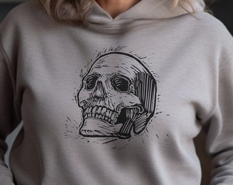 Skull blockprint style hoodie, block print skull, skull gifts for him, skull gifts for her, halloween skull hoodie, halloween block print