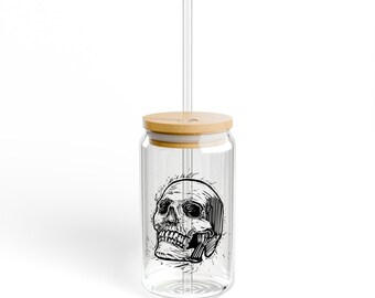 Skull Sipper Glass, 16oz, skull gift, skull lover gift, gift for him, gift for her, skull design, halloween sipper glass, halloween gift