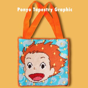 May include: Orange and blue tapestry tote bag with a graphic of a cartoon character with orange hair and a big smile. The text "Ponyo Tapestry Graphic" is printed on the bag.