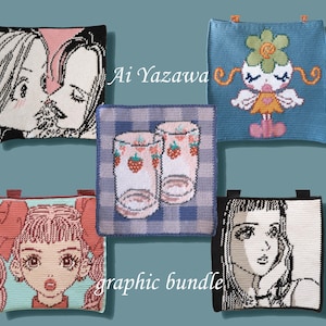 Puede incluir: Colección de cinco piezas de arte gráfico cuadradas. La obra de arte incluye ilustraciones de dos mujeres besándose, un personaje de dibujos animados, una niña con coletas, dos vasos de fresas y un retrato de mujer. También se ve el texto "Ai Yazawa" y "graphic bundle".
