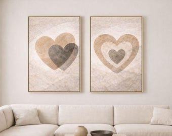 Valentine Heart Diptych Print, Minimal Abstract Love Art, Neutral Beige Bedroom Decor, Digital Download