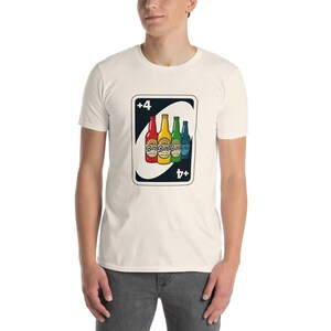 T-shirt “UNO de Cevada – Bina Rules” | Carta +4 com Garrafas de Cerveja Artesanal