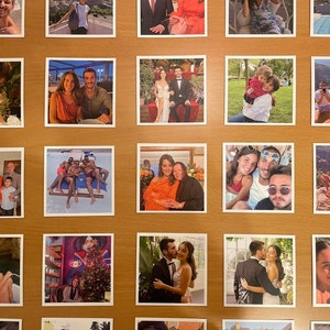 May include: A collage of 16 square photos in white frames, arranged in a grid of four rows and four columns. The photos depict various couples and groups of people in different settings, including a beach, a pool, a park, and a city street. The photos are all in color and are printed on glossy paper.