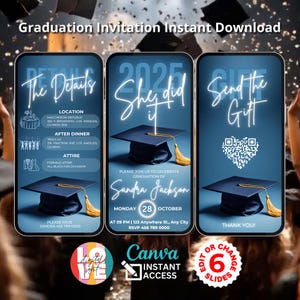 Faire-part de remise des diplômes, téléchargement immédiat, animation Blu, elle l'a fait, invitation numérique à la remise des diplômes, promotion 2025, carte électronique modifiable